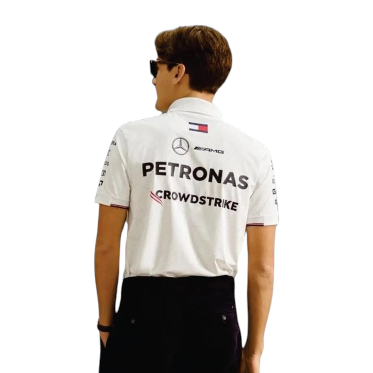 2023 Mercedes-AMG Petronas F1 Team Polo Shirt in white featuring team branding, sponsor logos, collar design and short sleeves