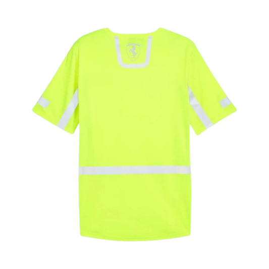 2024 Ferrari Team Reflective F1 T-Shirt in neon yellow featuring reflective panels, Ferrari team branding, and short sleeve premium cotton design