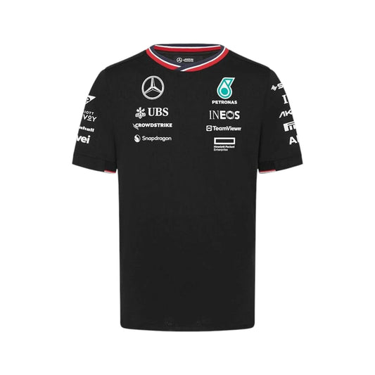 2024 Mercedes-AMG Petronas F1 Pilot T-Shirt in black featuring Mercedes-AMG, Petronas and team sponsor logos with a red and black striped crew neck