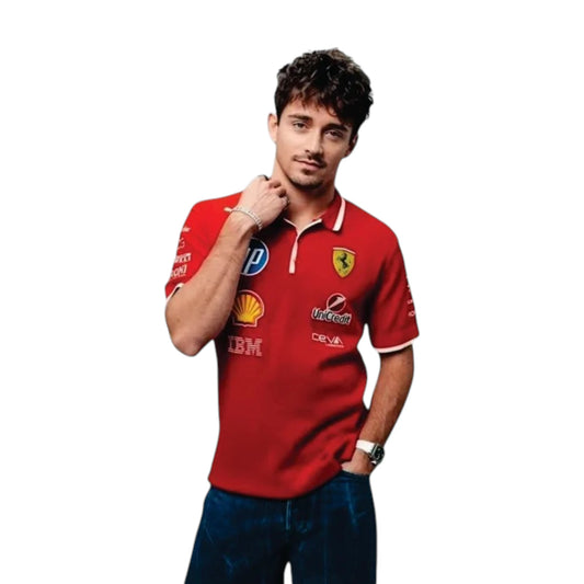 2025 Ferrari F1 Polo Shirt in red with authentic Scuderia Ferrari sponsor logos and premium motorsport detailing