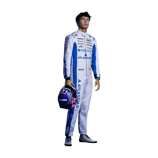 Alexander Albon 2026 Williams F1 race suit in white and blue with sponsor logos