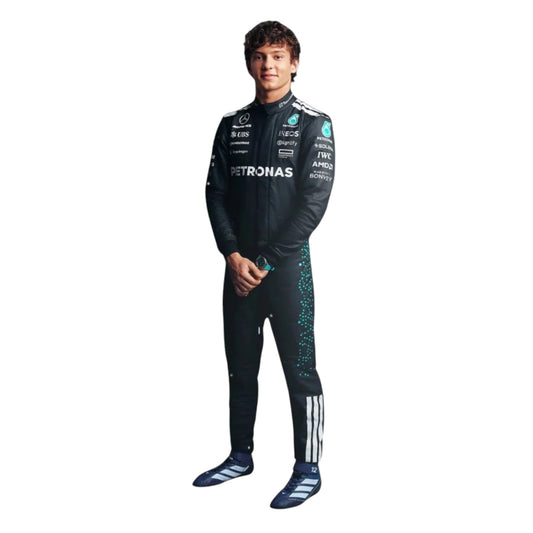 Andrea Kimi Antonelli 2025 Mercedes-AMG Petronas F1 race suit in black with teal accents and sponsor branding