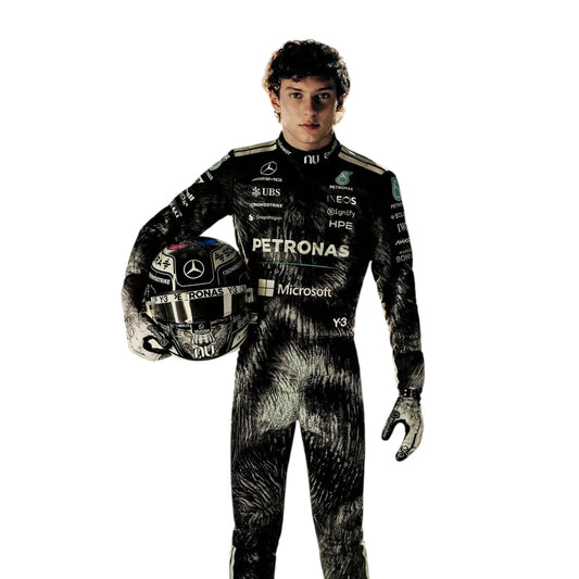 Andrea Kimi Antonelli 2026 Mercedes AMG Petronas Japanese GP F1 race suit in black with Japanese inspired graphics and sponsor logos
