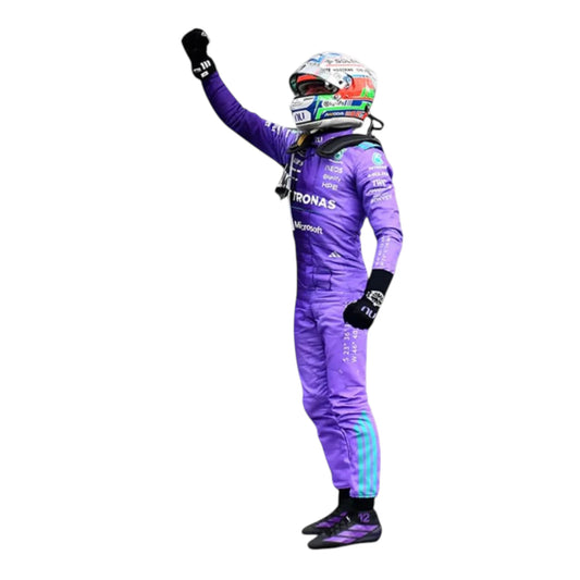 Andrea Kimi Antonelli 2025 Mercedes AMG Petronas Miami GP F1 race suit in purple with turquoise accents and sponsor logos