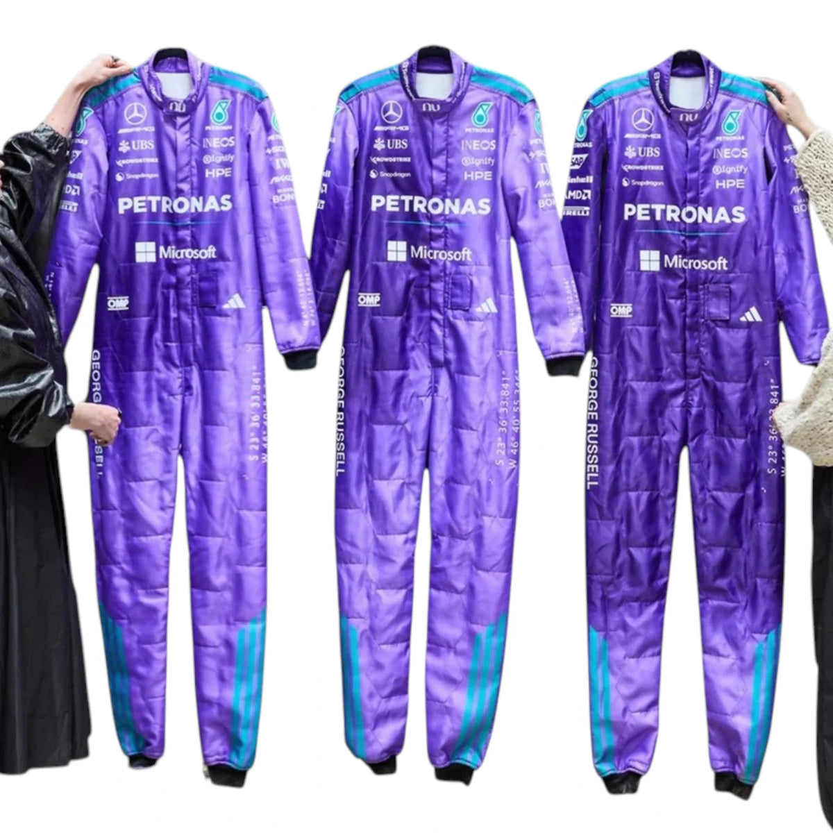 Andrea Kimi Antonelli 2026 Mercedes AMG Petronas Miami GP F1 race suit in purple with turquoise accents and sponsor logos