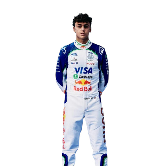 Arvid Lindblad 2026 Racing Bulls F1 race suit in white and navy blue with sponsor logos