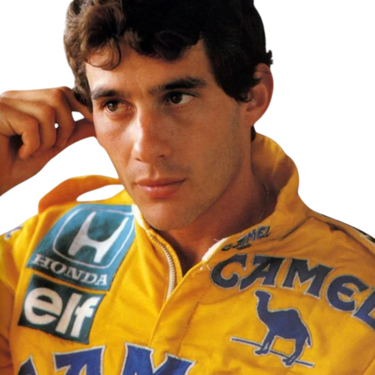 Ayrton Senna 1987 Lotus F1 Racing Suit featuring iconic yellow Camel Lotus racing graphics and authentic sponsor detailing
