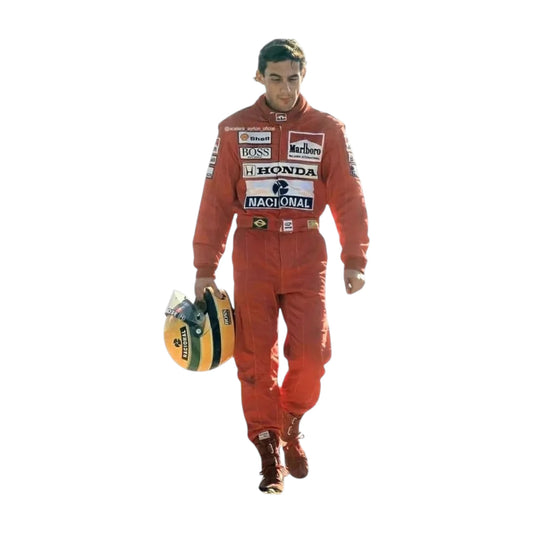 Ayrton Senna 1991 McLaren F1 Racing Suit featuring iconic red Marlboro McLaren racing graphics and authentic sponsor detailing