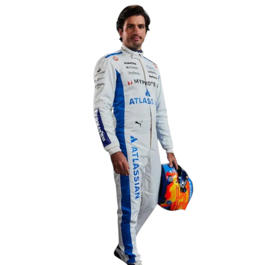 Carlos Sainz 2025 Williams F1 race suit in blue and white with sponsor branding