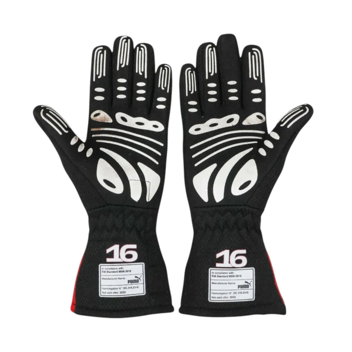 Charles Leclerc 2023 Ferrari F1 racing gloves with team branding and sponsor logos