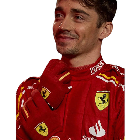 Charles Leclerc 2024 Ferrari F1 race suit in signature red with Ferrari and sponsor branding