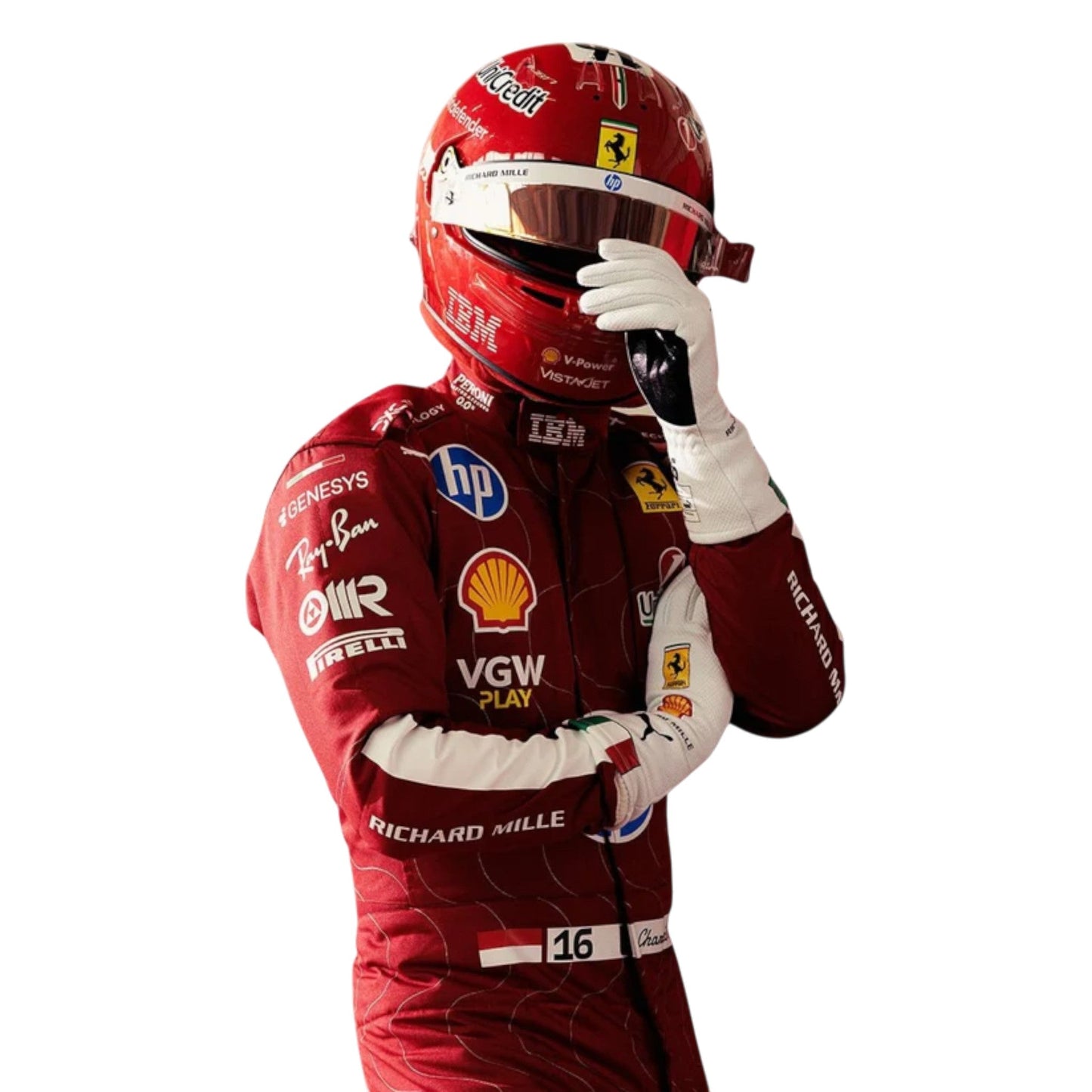 Charles Leclerc 2025 Ferrari Monza GP F1 race suit in Ferrari red with Italian tricolour accents and sponsor logos