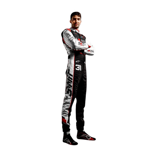 Esteban Ocon 2026 Haas F1 race suit in black, white, and red with sponsor logos