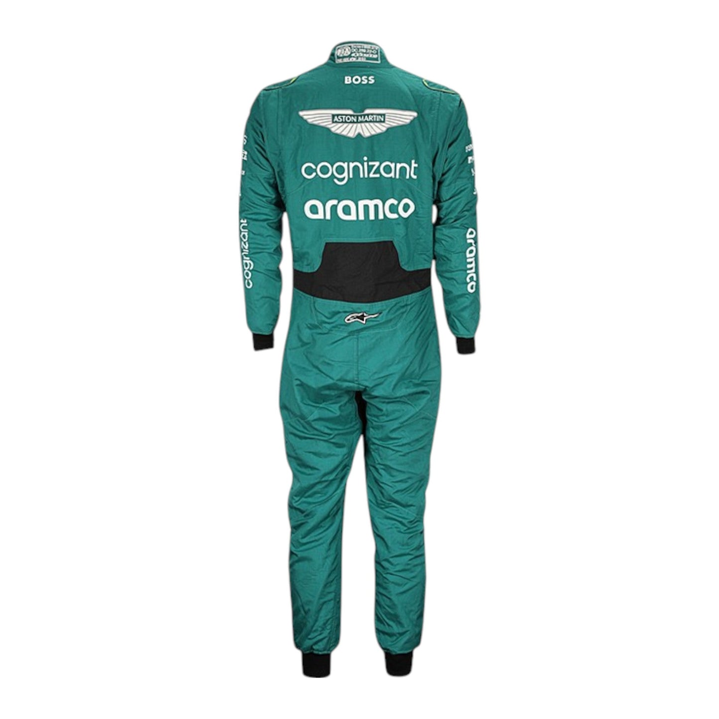 Fernando Alonso 2023 Aston Martin F1 race suit in green with black accents and sponsor branding