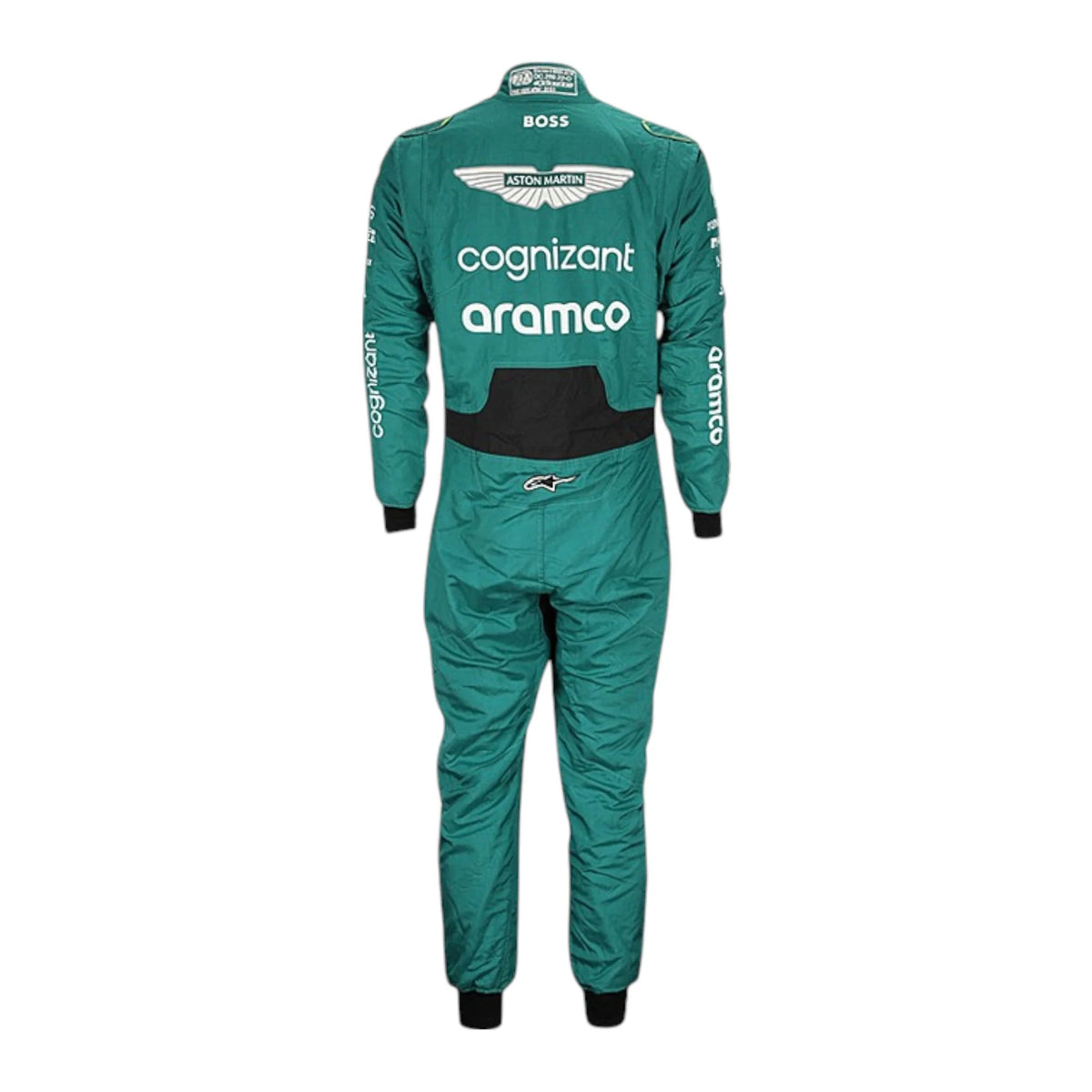Fernando Alonso 2023 Aston Martin F1 race suit in green with black accents and sponsor branding
