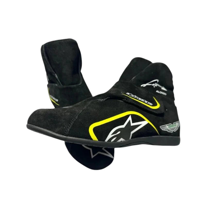 Fernando Alonso 2023 Aston Martin F1 racing shoes featuring Aston Martin branding and motorsport detailing