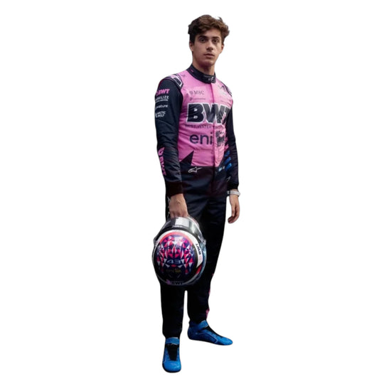 Franco Colapinto 2026 Alpine F1 race suit in blue and pink with sponsor logos