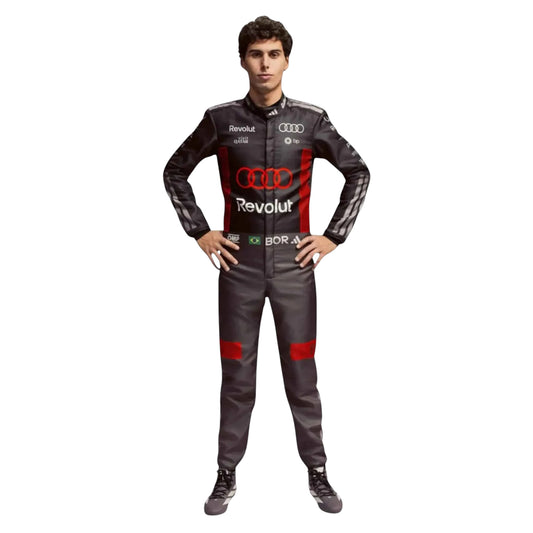 Gabriel Bortoleto 2026 Audi F1 race suit in black with red accents and sponsor logos