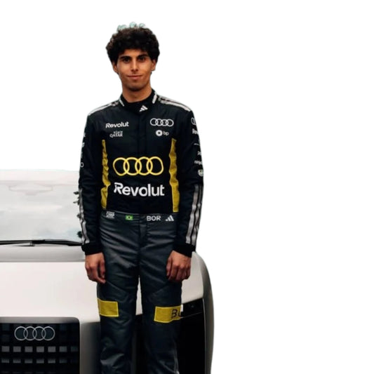Gabriel Bortoleto 2026 Audi Monaco GP F1 Racing Suit in black and yellow featuring Audi team branding, sponsor logos, and distinctive racing details