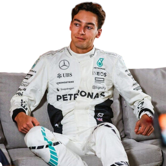George Russell wearing a 2024 Mercedes-AMG Petronas Qatar GP F1 race suit in white with black accents and sponsor logos