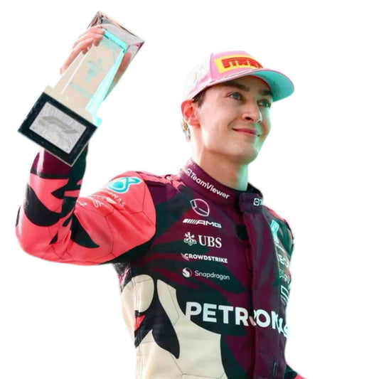 George Russell 2025 Mercedes-AMG Petronas Miami GP F1 race suit with special edition detailing and sponsor branding