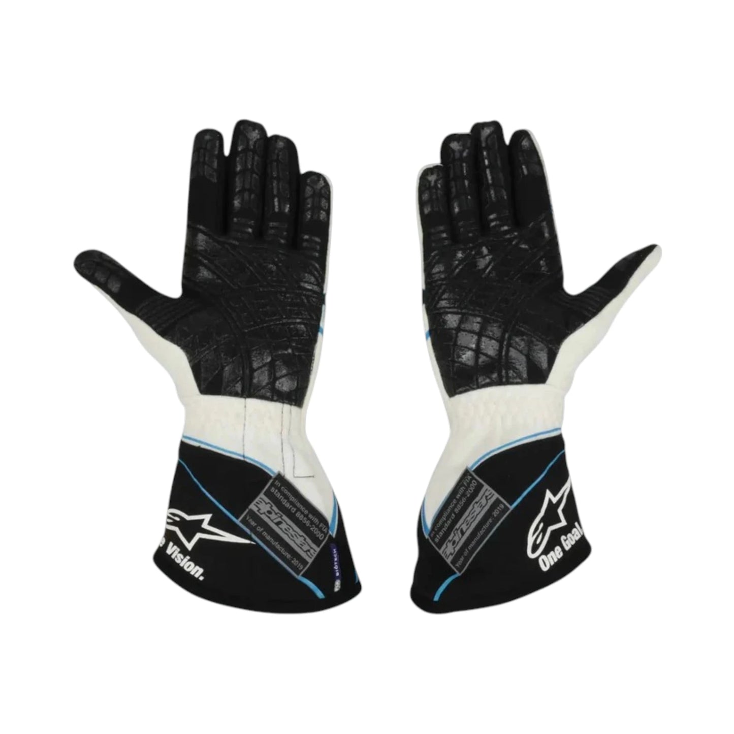 George Russell 2019 Williams F1 racing gloves with team branding and sponsor logos