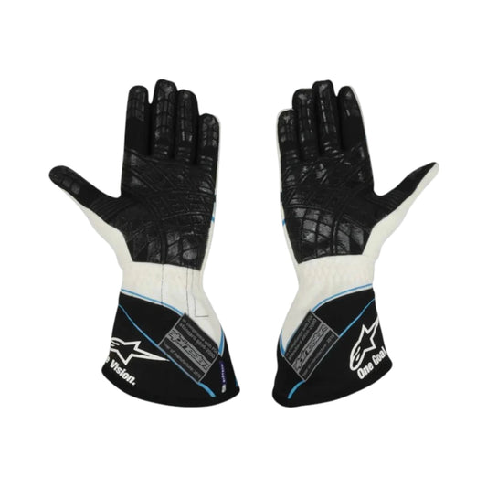 George Russell 2019 Williams F1 racing gloves with team branding and sponsor logos