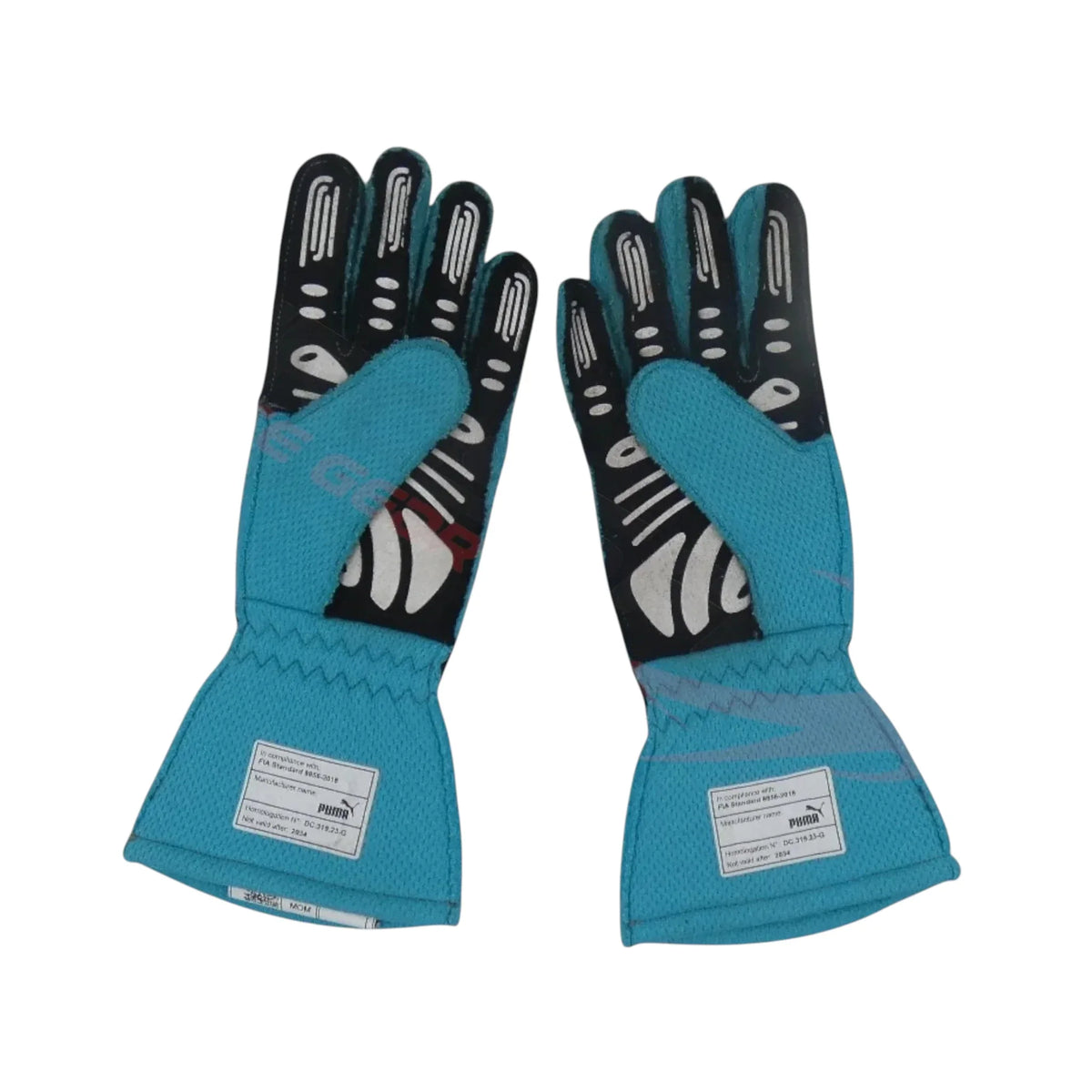George Russell 2024 Mercedes-AMG Petronas F1 racing gloves with team branding and sponsor logos