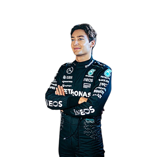 George Russell 2024 Mercedes-AMG Petronas F1 race suit in black with teal accents and sponsor branding