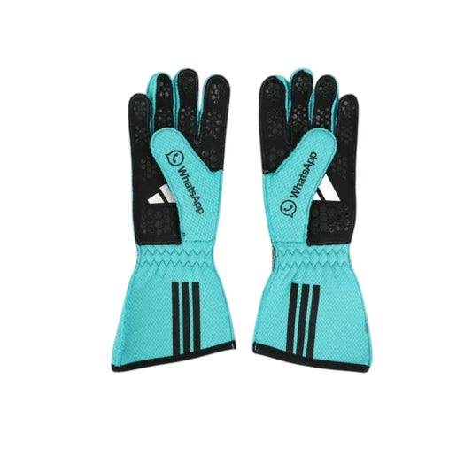 George Russell 2025 Mercedes-AMG Petronas F1 racing gloves with team branding and sponsor logos