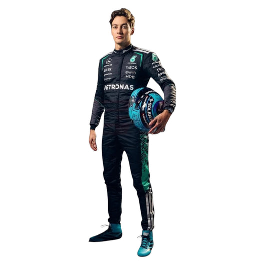 George Russell 2026 Mercedes-AMG Petronas F1 race suit in black with turquoise accents featuring sponsor logos