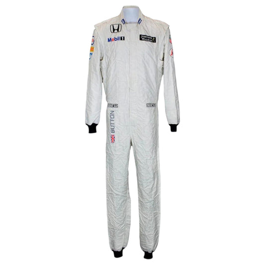 Jenson Button 2015 McLaren F1 race suit in white with McLaren Honda branding and sponsor logos