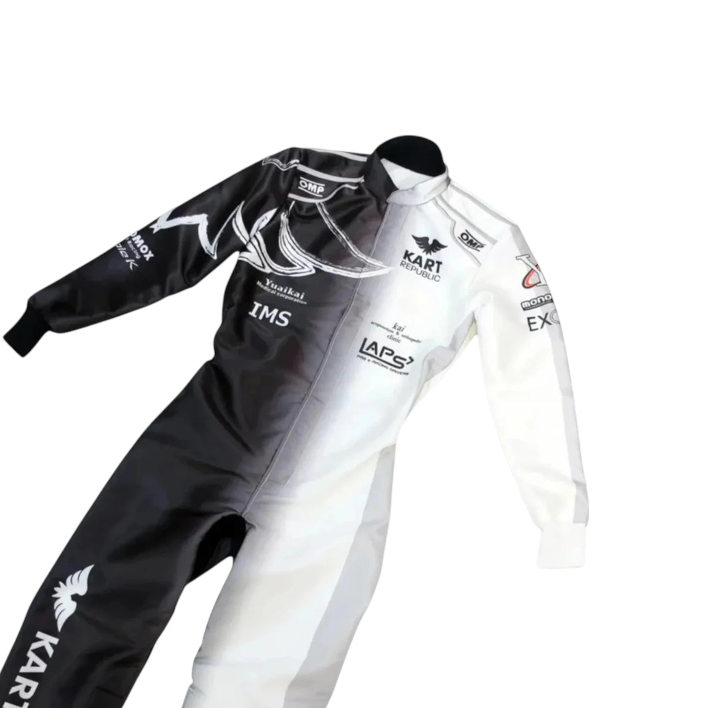 Kart Republic Split Panel Go Kart Racing Suit featuring black and white split panel karting graphics with professional motorsport detailing