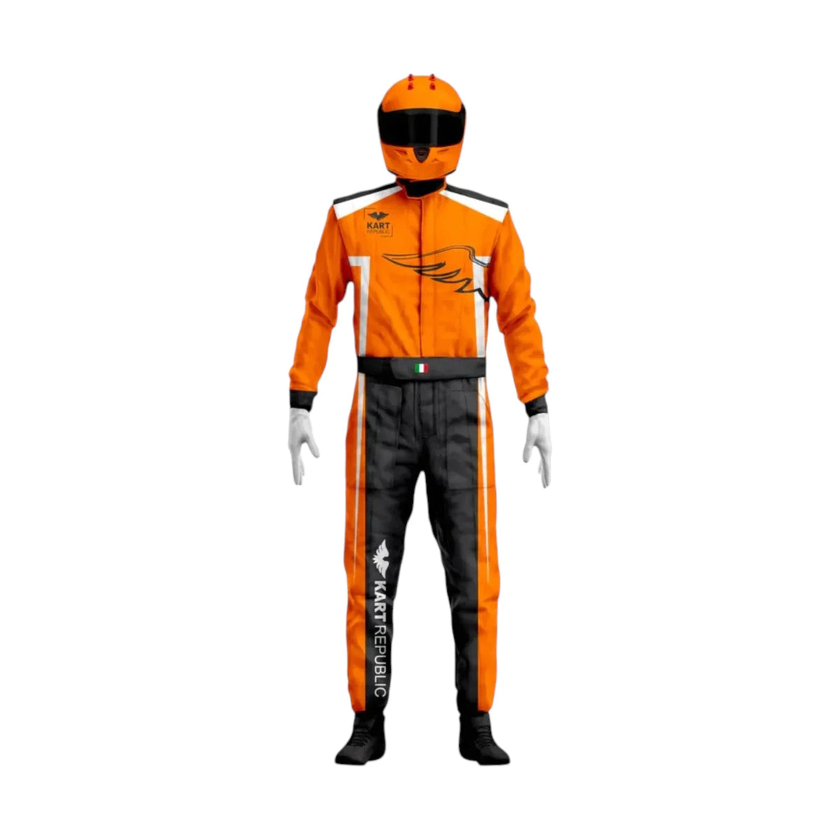 Kart Republic Team Edition Go Kart Racing Suit featuring orange black and white karting graphics with professional motorsport detailing