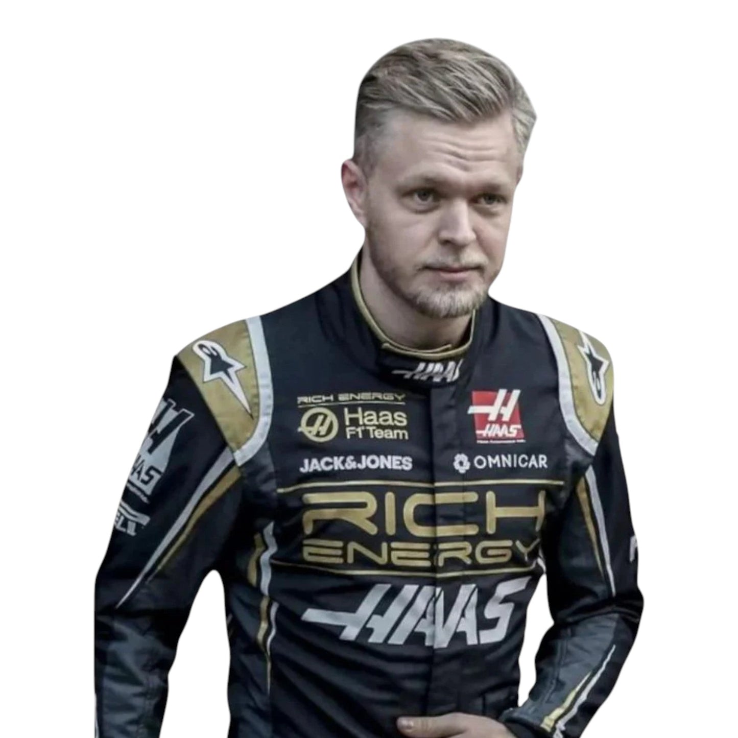 Kevin Magnussen 2019 Haas F1 race suit in black and gold with sponsor logos