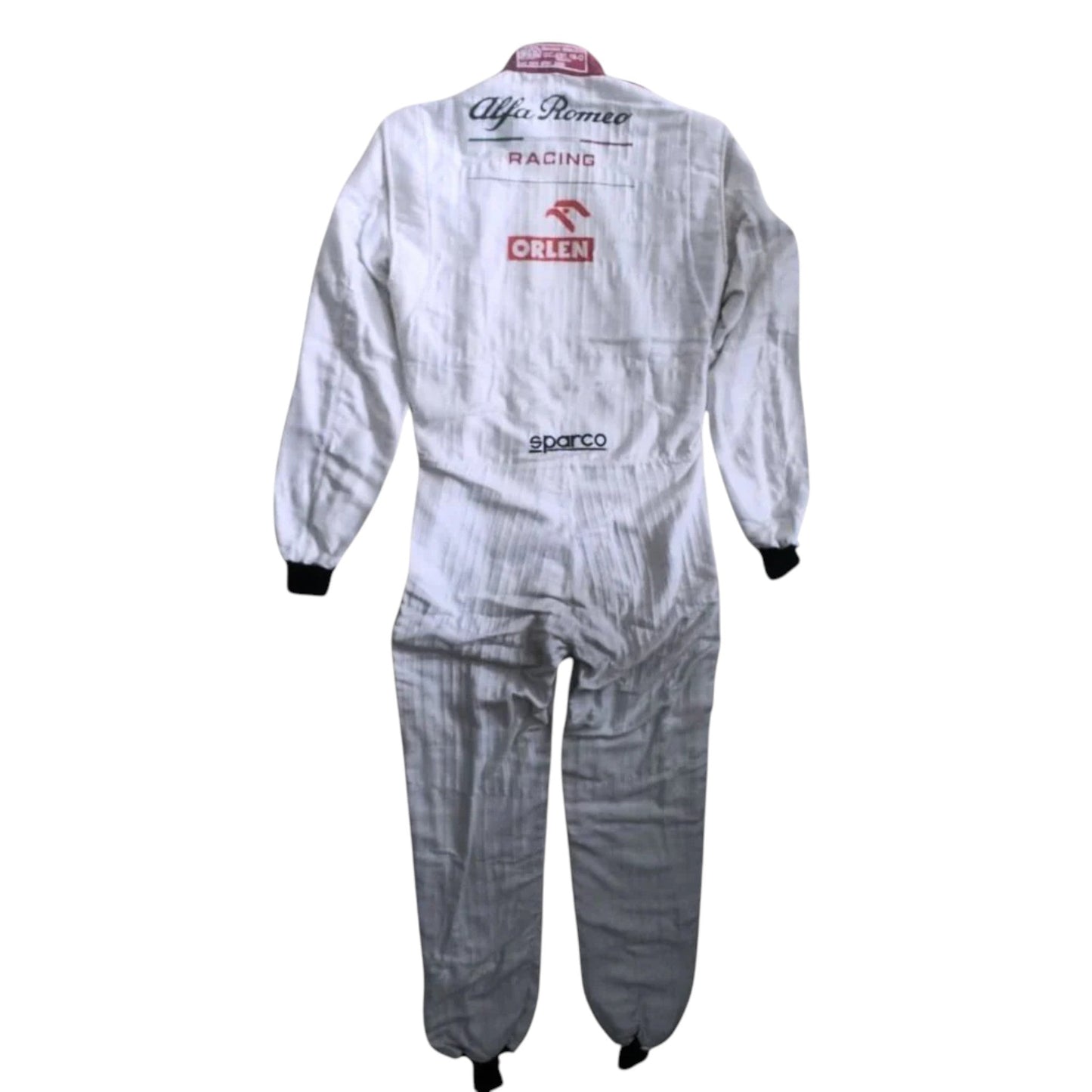 Kimi Räikkönen 2020 Alfa Romeo F1 Race Suit in white and red with Alfa Romeo Racing sponsor logos and authentic motorsport detailing