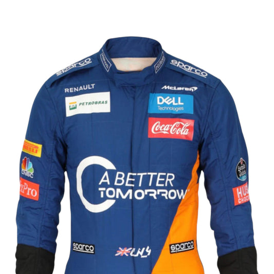 Lando Norris 2019 McLaren F1 race suit in blue with papaya orange panels and sponsor logos