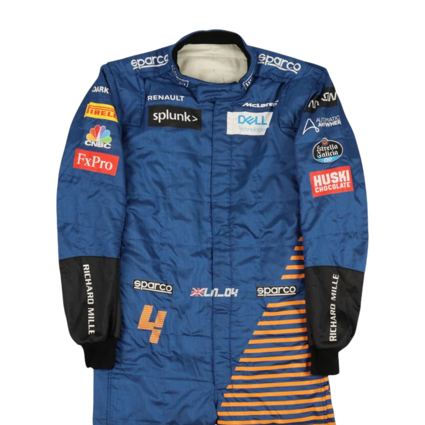 Lando Norris 2020 McLaren F1 race suit in blue with papaya orange striped side panel and sponsor logos