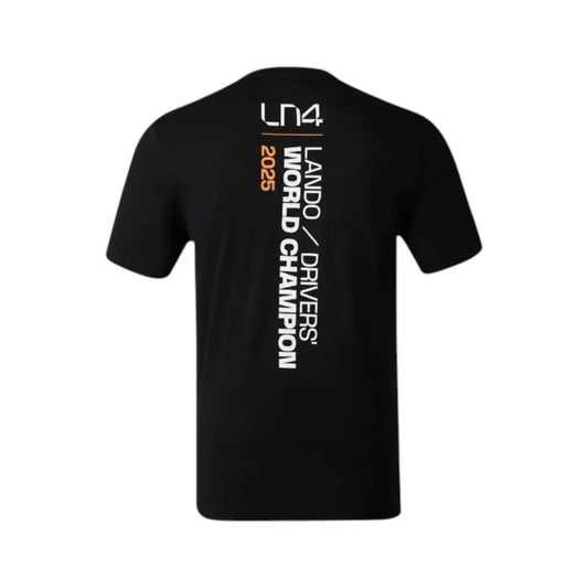 Lando Norris 2025 McLaren Drivers World Champion T Shirt in black featuring McLaren branding and Lando Norris World Champion graphics on the front and back