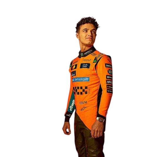 Lando Norris 2025 McLaren F1 race suit in papaya orange with black accents and sponsor branding