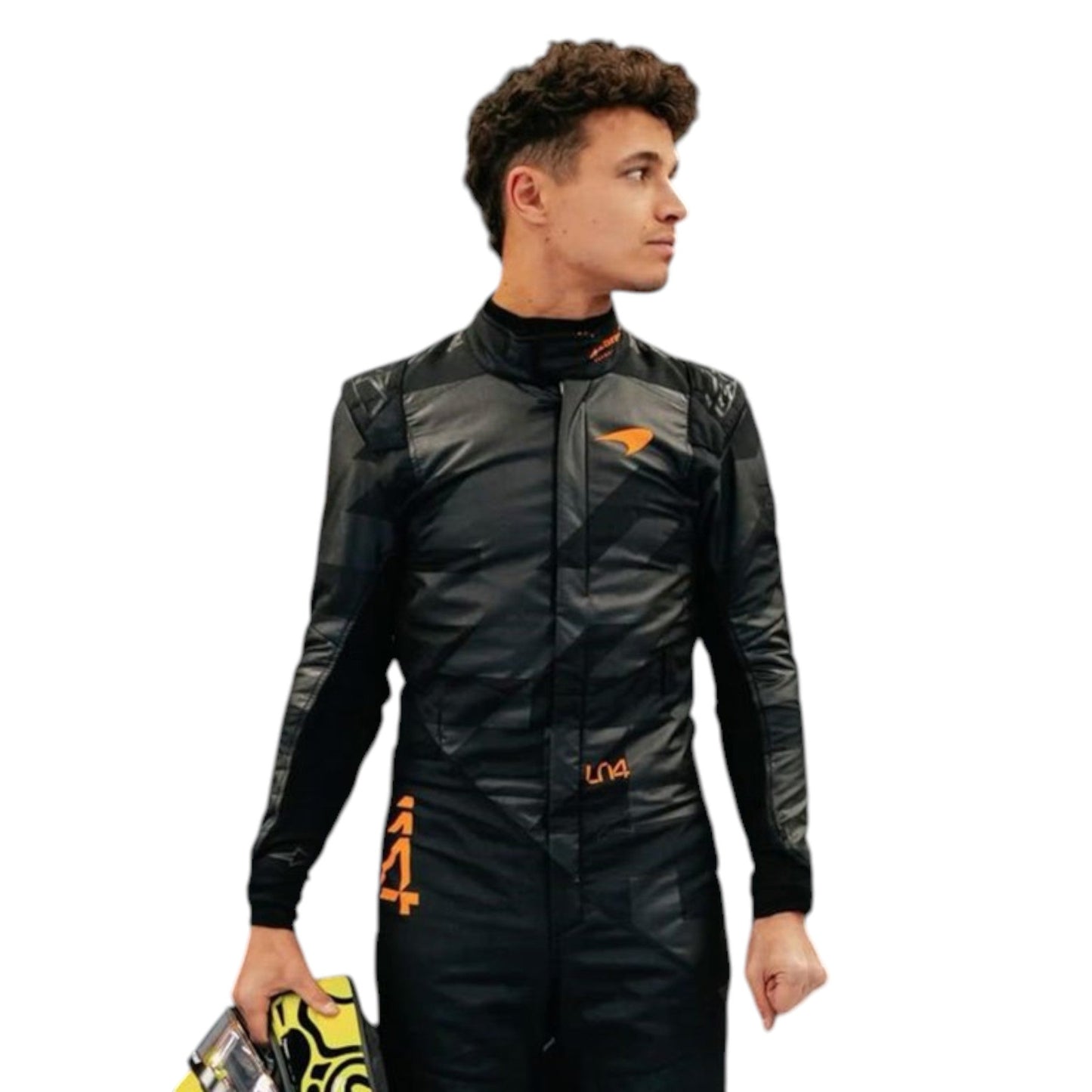 Lando Norris 2025 McLaren F1 Team black suit with papaya accents and sponsor logos