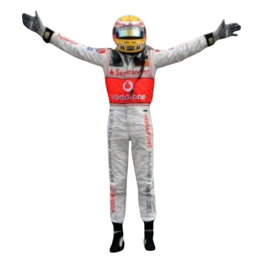Lewis Hamilton 2007 McLaren F1 race suit in silver and red with Vodafone McLaren Mercedes sponsor logos