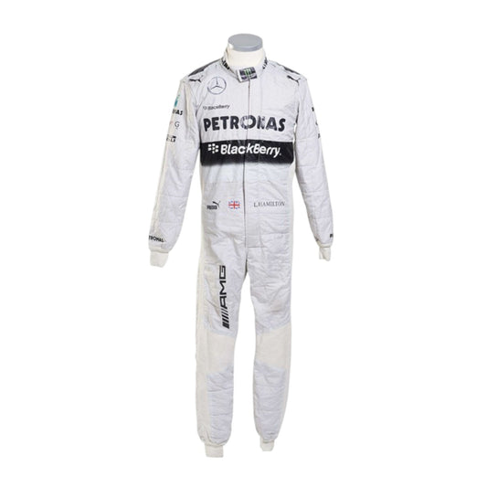 Lewis Hamilton 2014 Mercedes-AMG Petronas F1 race suit in white with black PETRONAS and BlackBerry branding