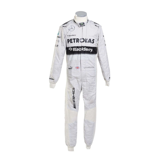 Lewis Hamilton 2014 Mercedes-AMG Petronas F1 race suit in white with black PETRONAS and BlackBerry branding