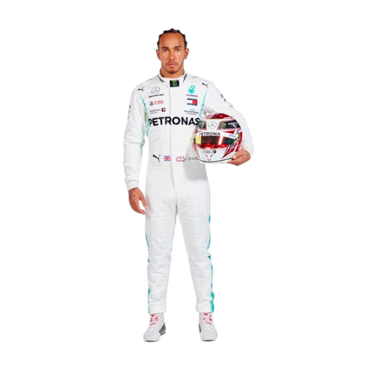 Lewis Hamilton 2019 Mercedes-AMG Petronas F1 race suit in white with PETRONAS teal accents and sponsor branding