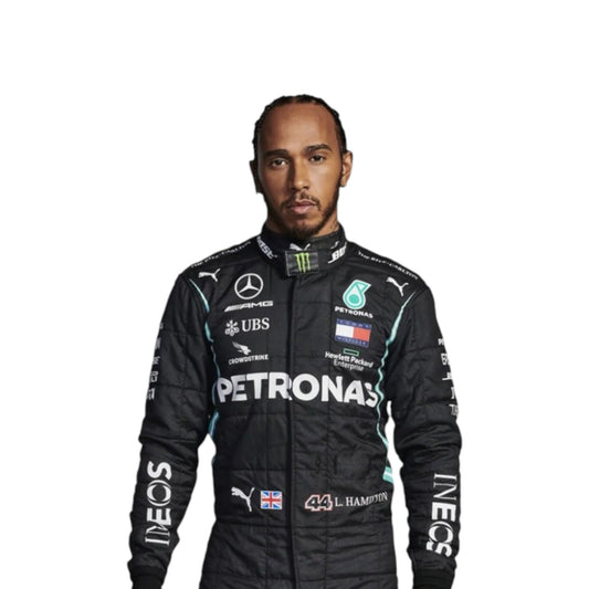 Lewis Hamilton 2021 Mercedes-AMG Petronas F1 race suit in black with PETRONAS teal accents and sponsor branding