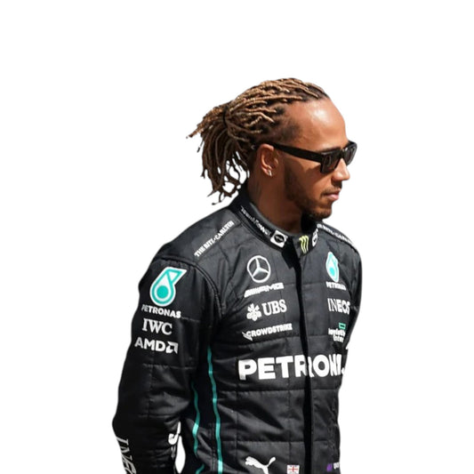 Lewis Hamilton 2022 Mercedes-AMG Petronas F1 race suit in black with PETRONAS teal accents and sponsor branding