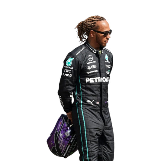 Lewis Hamilton 2022 Mercedes-AMG Petronas F1 race suit in black with PETRONAS teal accents and sponsor branding