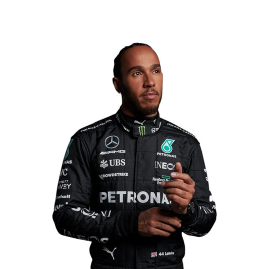 Lewis Hamilton 2023 Mercedes-AMG Petronas F1 race suit in black with PETRONAS teal accents and sponsor branding