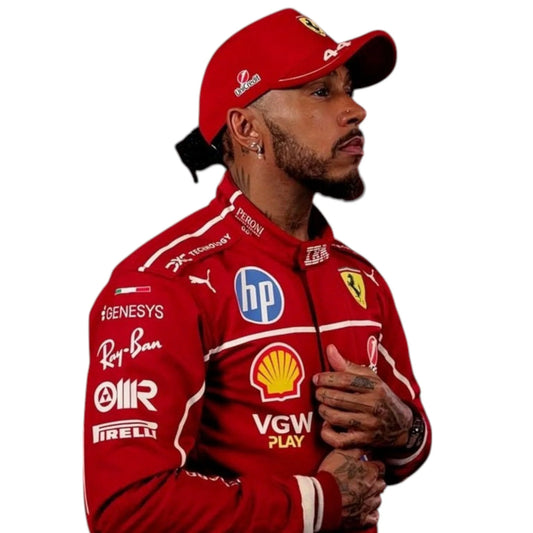 Lewis Hamilton 2025 Ferrari F1 race suit in red with sponsor branding